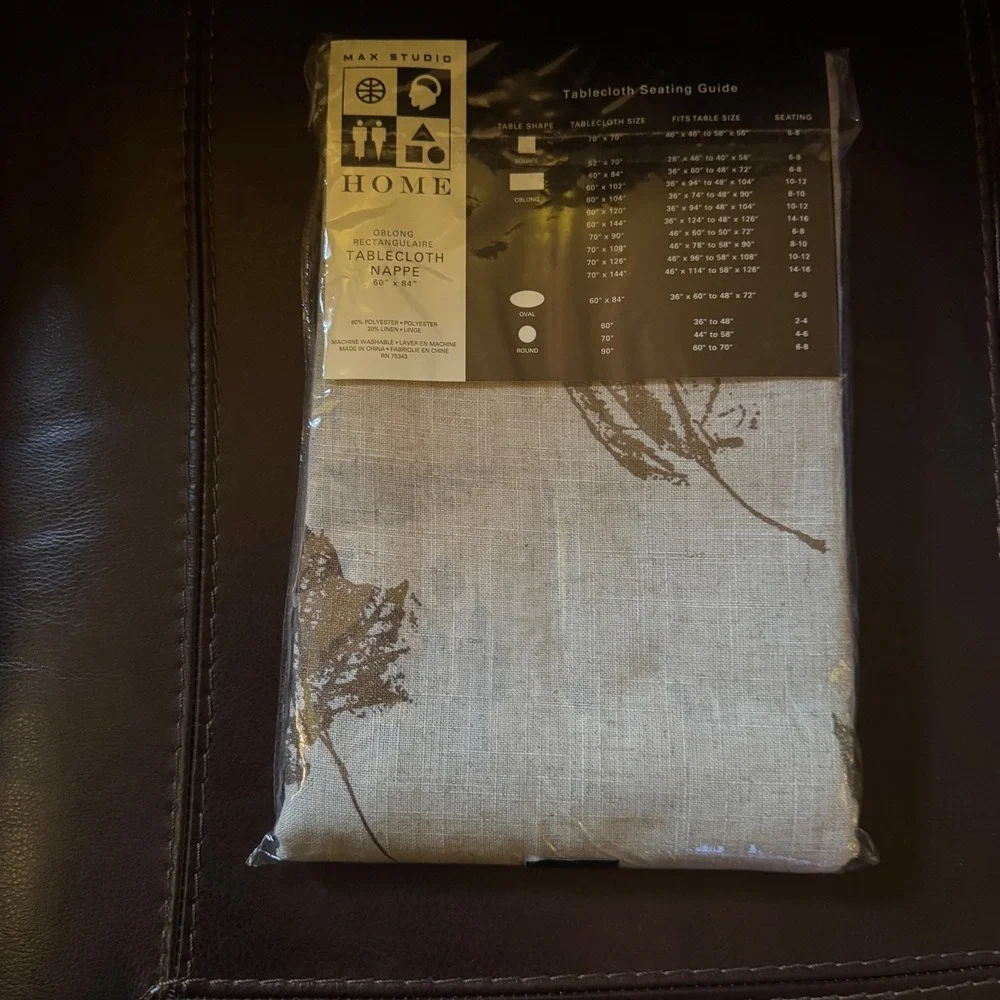 Max Studio Home Tablecloth 60x84 Oblong Linen Blend Brown Leaf Print Neutral NEW